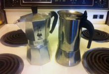 Photo of stainless steel Bialetti brand moka pot (right) and aluminum model (let).