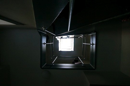 View up stairwell of Rietveld apartment.