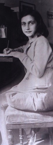 Anne Frank writing at her desk