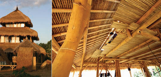 Outisde and inside view of a new three story bamboo building